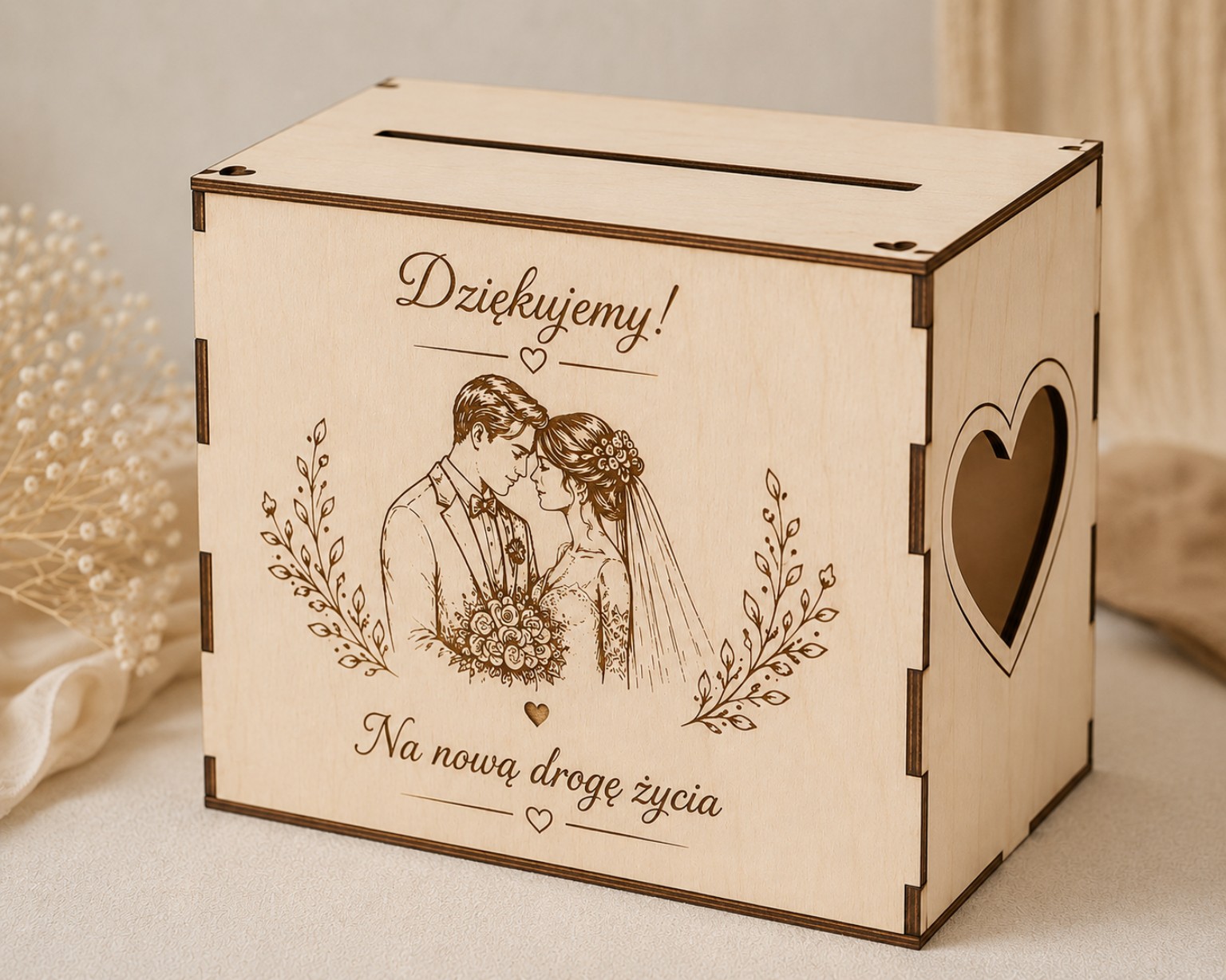 Drewniana skrzynka na koperty i pamiątki ślubne – możliwość personalizacji